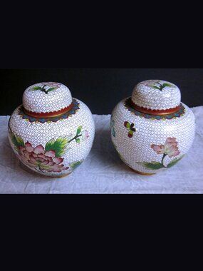 Chinese Cloisonné White w/Floral Enamel Mini Ginger Jar, 7" Set of 2
